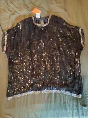 Black Sequin Short Sleeve Tunic with Silver Trim